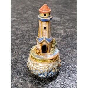 Glazed Ceramic Hinged Lighthouse Trinket Box 5.25" Tall